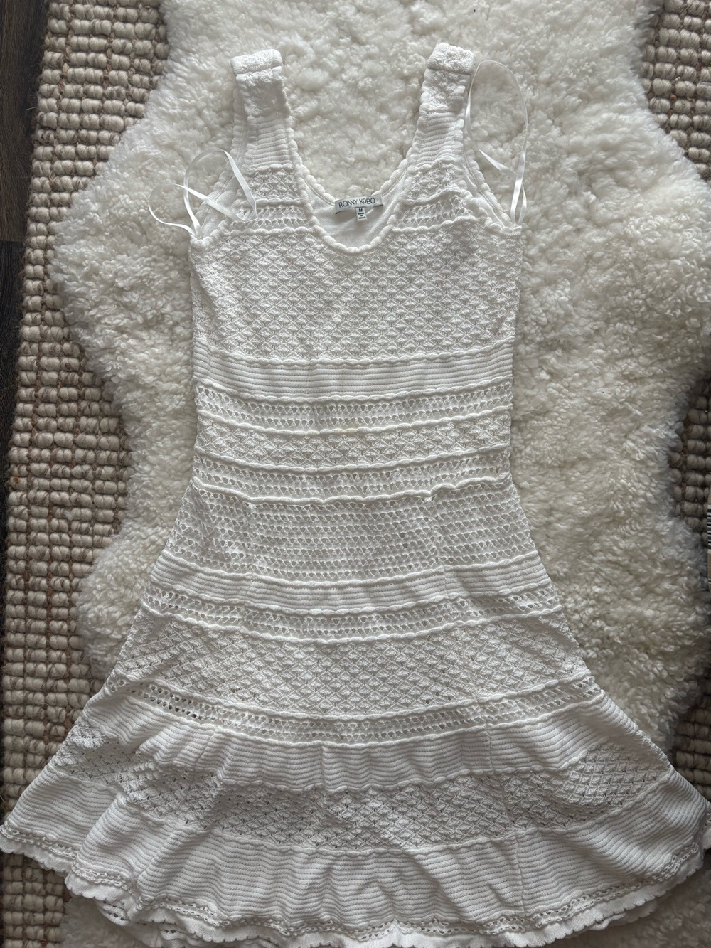 Ronny Kobo Collection White Crochet Knit Mini Dress